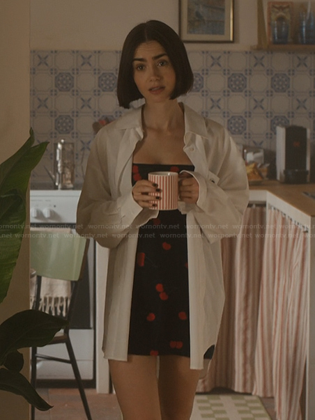 Emily's black cherry print mini dress on Emily in Paris