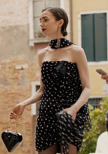 Emily's black polka dot strapless dress on Emily in Paris