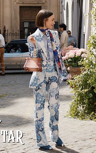 Emily's blue floral blazer and pants on Emily in Paris