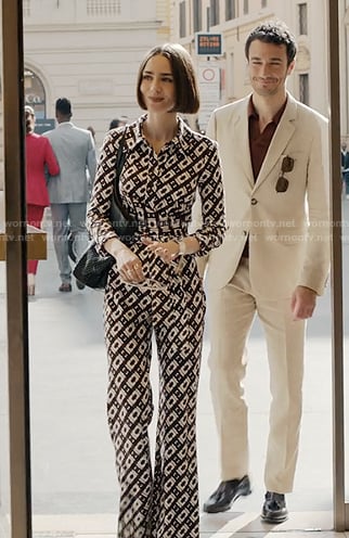 Emily's geometric print jumpsuit on Emily in Paris