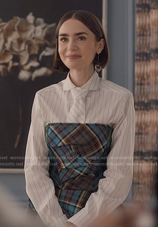 Emily's pinstripe tie neck shirt and blue plaid mini dress on Emily in Paris