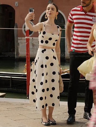 Emily's polka dot print top and skirt on Emily in Paris