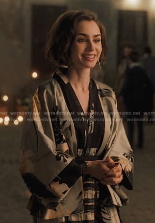 Emily's print kimono jacket on Emily in Paris