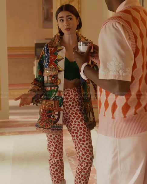 Emily's printed jacket and pants on Emily in Paris