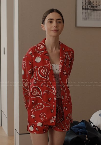 Emily's red heart print blazer on Emily in Paris