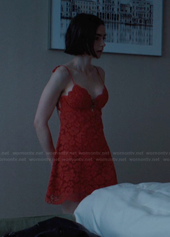 Emily's red lace slip dress on Emily in Paris