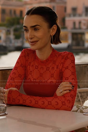Emily's red mesh top and leggings on Emily in Paris