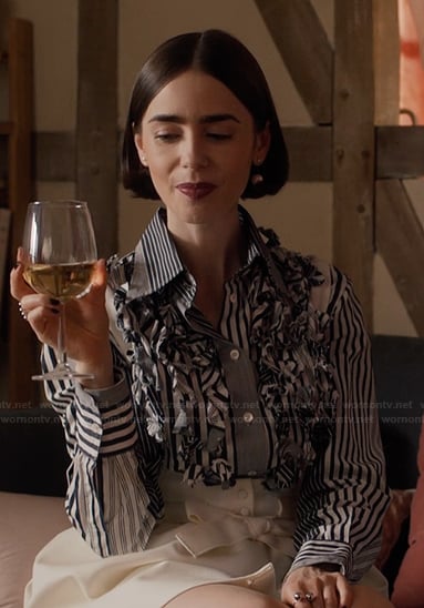 Emily's striped ruffle shirt on Emily in Paris