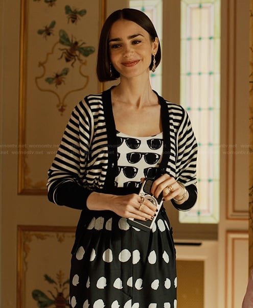 Emily's sunglasses print bodysuit on Emily in Paris