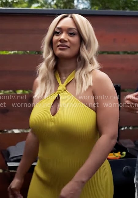 Fatima's yellow halter neck knit dress on Tyler Perrys Sistas