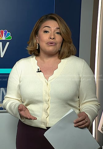Gilma Avalos's white scalloped cardigan on NBC News Daily