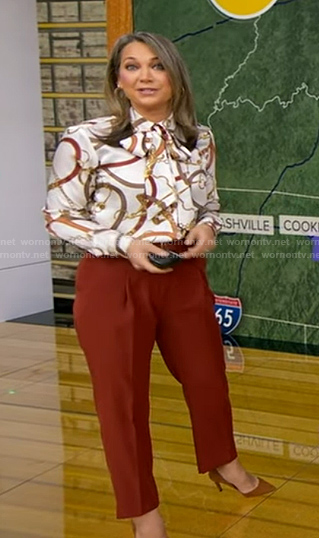 Ginger's belt print blouse and burgundy pants on Good Morning America