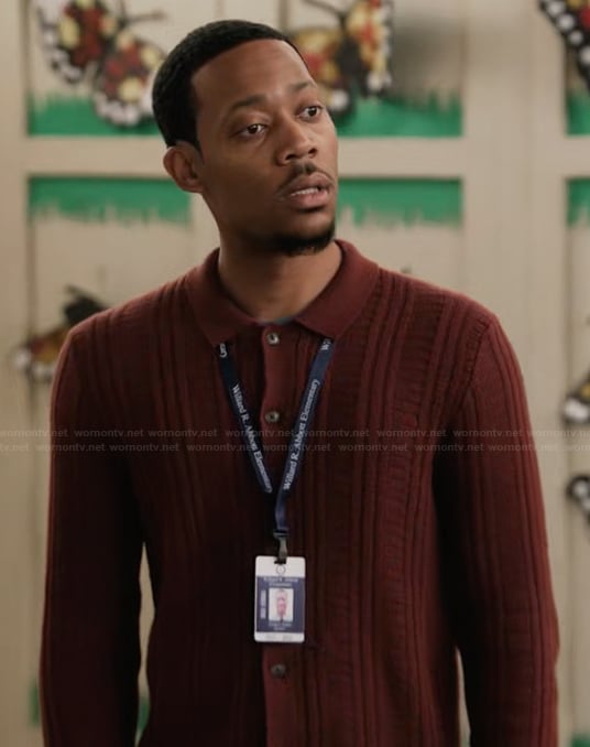 Gregory's red ribbed cardigan on Abbott Elementary