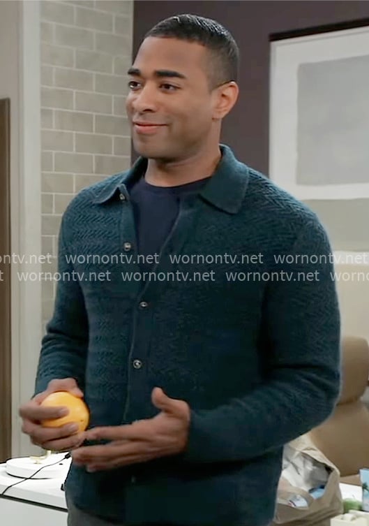 Isaiah's teal green zig zag sweater on General Hospital