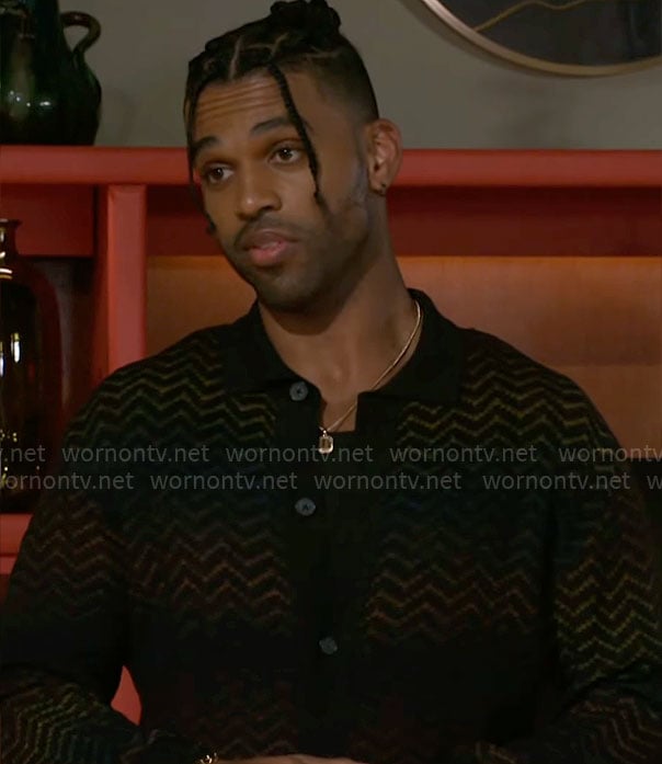 Izaiah's black chevron knit cardigan on Beyond the Gates