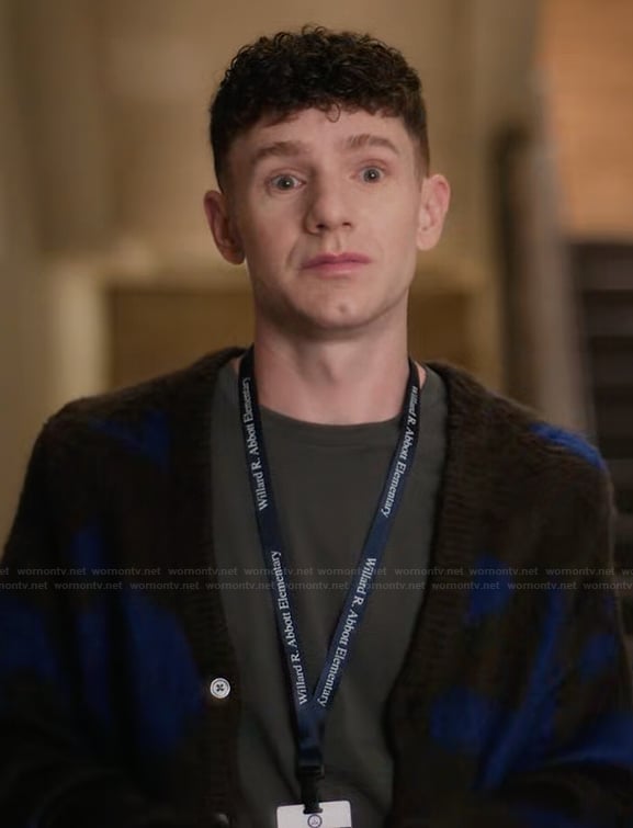 Jacob's brown cardigan on Abbott Elementary