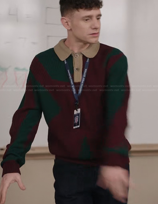 Jacob's red and green polo sweater on Abbott Elementary
