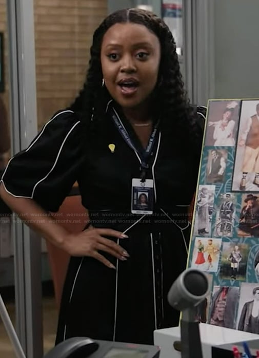 Janine's black piping trim dress on Abbott Elementary