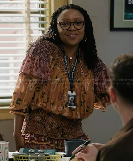 Janine's floral ruffle maxi dress on Abbott Elementary