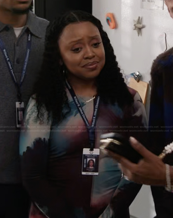 Janine's printed mesh dress on Abbott Elementary