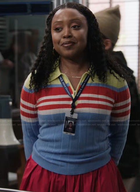 Janine's striped collared sweater on Abbott Elementary