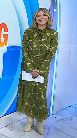 Jenna's green floral tie neck blouse and skirt on Today