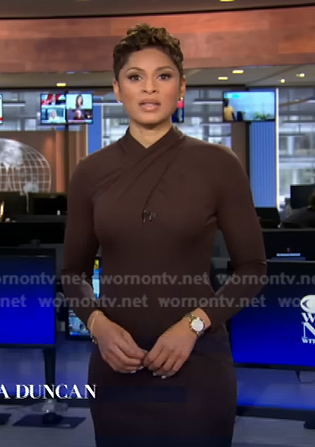 Jericka's brown cross neck sheath dress on CBS Evening News