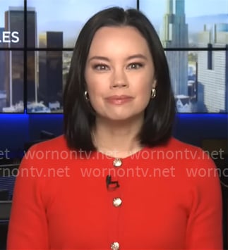 Jo Ling Kent's red short sleeve cardigan on CBS Mornings