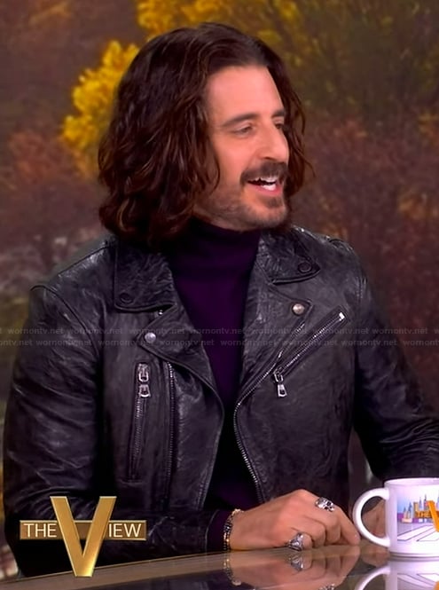 Jonathan Roumie's black leather jacket on The View