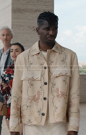 Julien's ivory embroidered print jacket on Emily in Paris