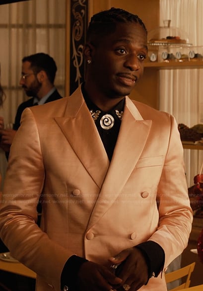 Julien's pink satin blazer on Emily in Paris