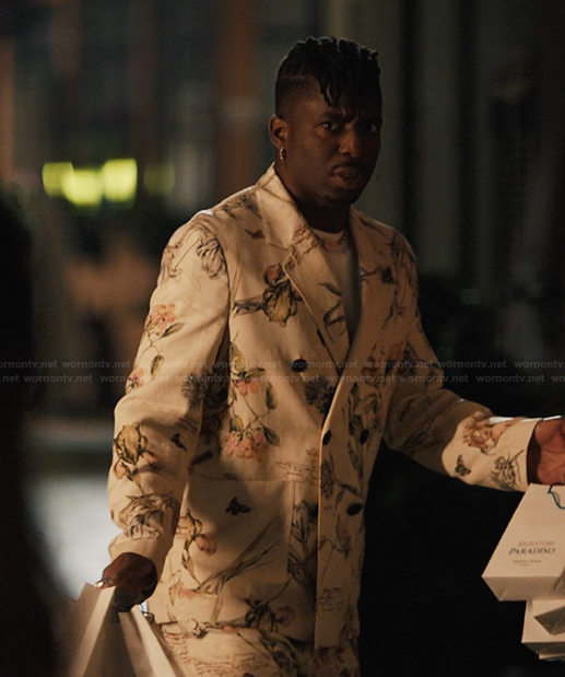 Julien's white floral blazer on Emily in Paris