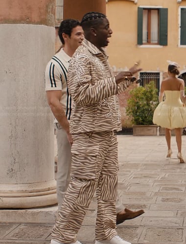 Julien's zebra stripe jacket and pants on Emily in Paris
