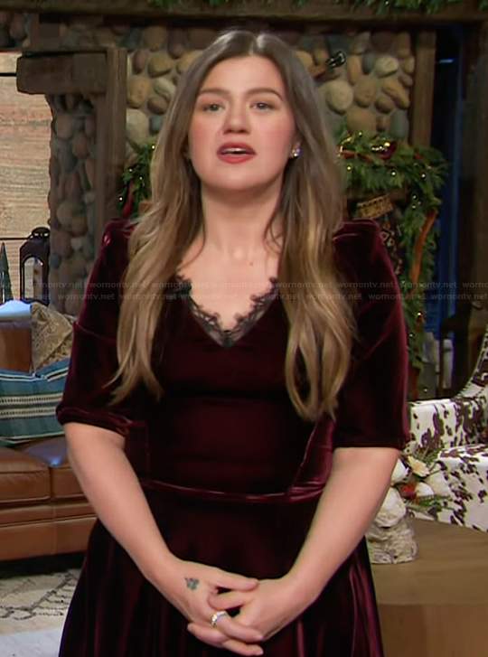 Kelly's burgundy velvet lace trim dress on The Kelly Clarkson Show