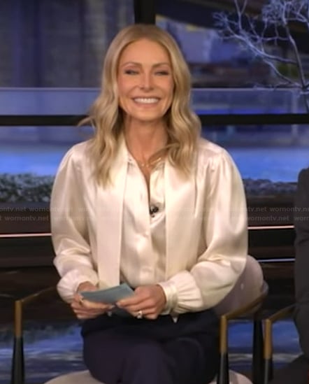 Kelly's white tie neck silk blouse on Live with Kelly and Mark
