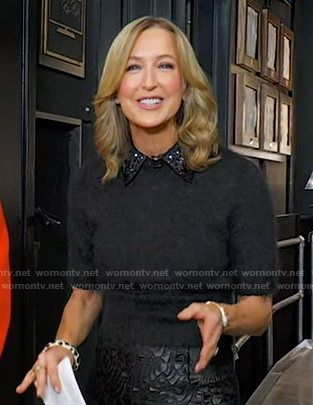Lara's grey short sleeve sweater with embellished collar on Good Morning America