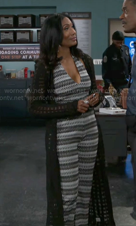 Leslie's striped halter neck jumpsuit on Beyond the Gates