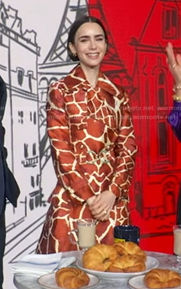 Lily Collins' orange animal print coat on Good Morning America
