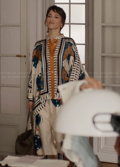 Livia's printed top and pants on Emily in Paris