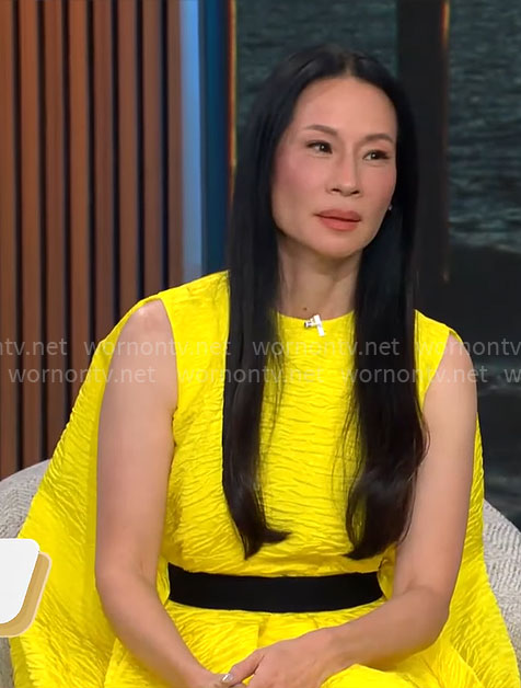 Lucy Liu's yellow textured dress on CBS Mornings