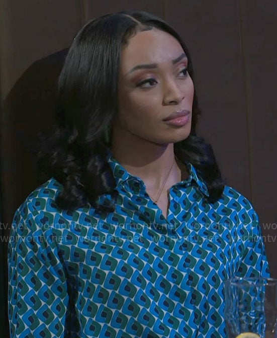 Madison's blue and green printed shirt on Beyond the Gates