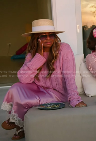 Mary's pink cable knit sweater and satin skirt on The Real Housewives of Salt Lake City