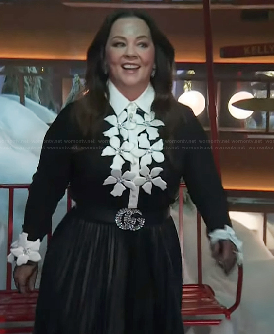 Melissa McCarthy's black floral applique blouse on The Kelly Clarkson Show