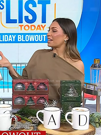 Melissa's beige off-shoulder knit dress on Today