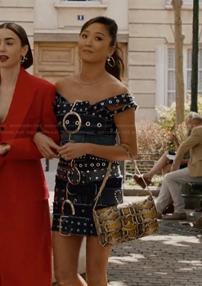 Mindy's belt buckle dress on Emily in Paris
