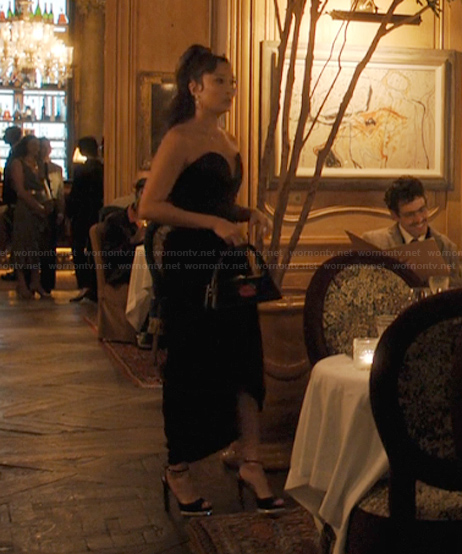 Mindy's black sweetheart dress on Emily in Paris