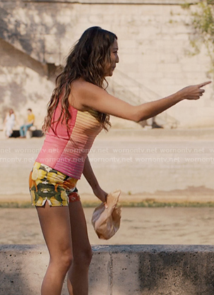 Mindy's striped top and fruits print shorts on Emily in Paris