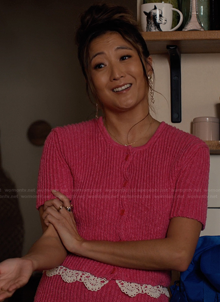 Mindy's pink lace trim cardigan and shorts on Emily in Paris