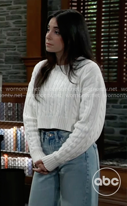 Molly's white cropped cable-knit sweater on General Hospital