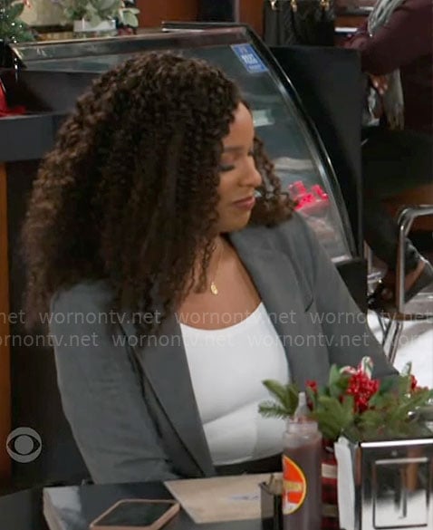 Naomi's grey blazer with lace-up sides on Beyond the Gates